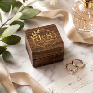 Personalised Wedding Square Double Ring Box with Gold Inlay